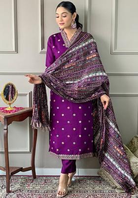 Purple Embroidered Silk Kurta Set