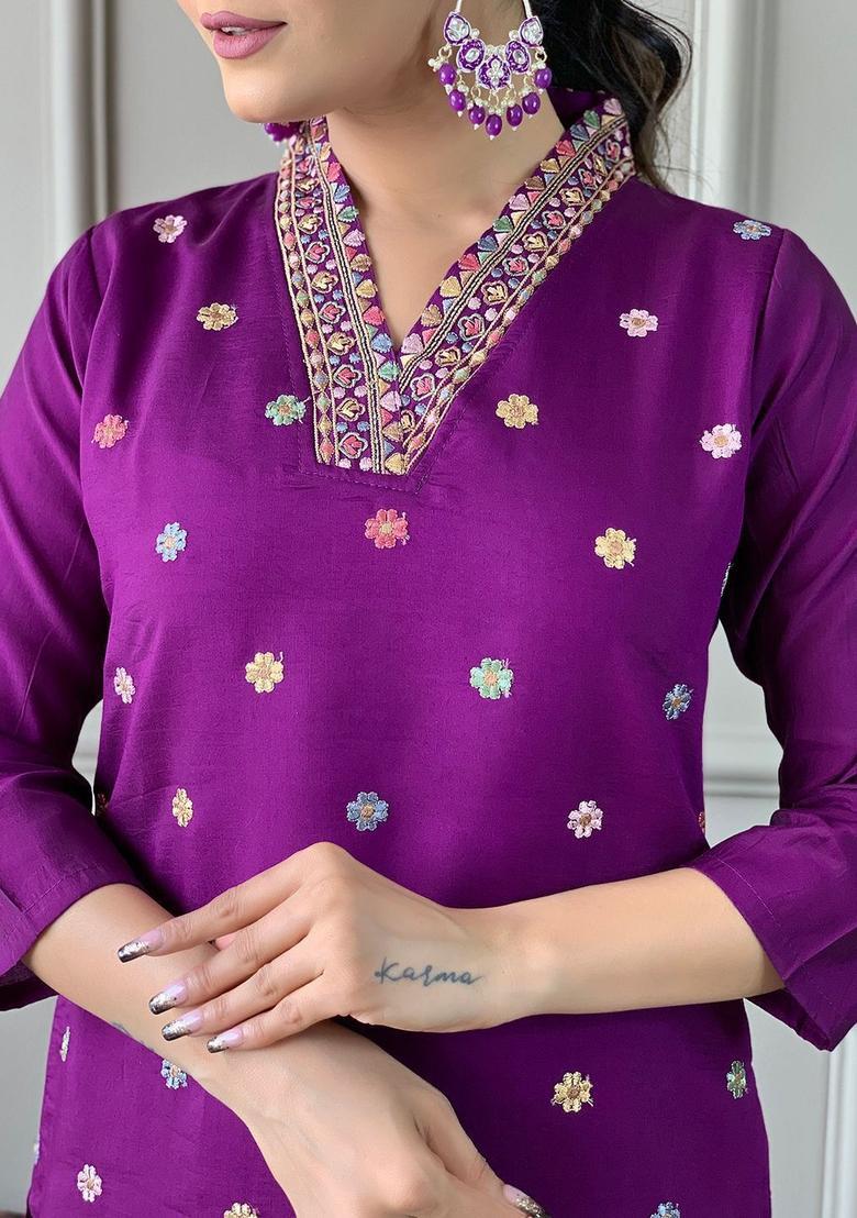 Purple Embroidered Silk Kurta Set - Indya
