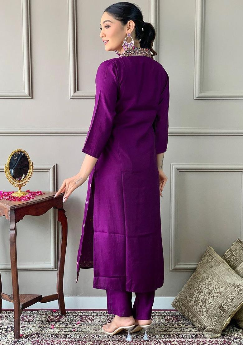 Purple Embroidered Silk Kurta Set - Indya