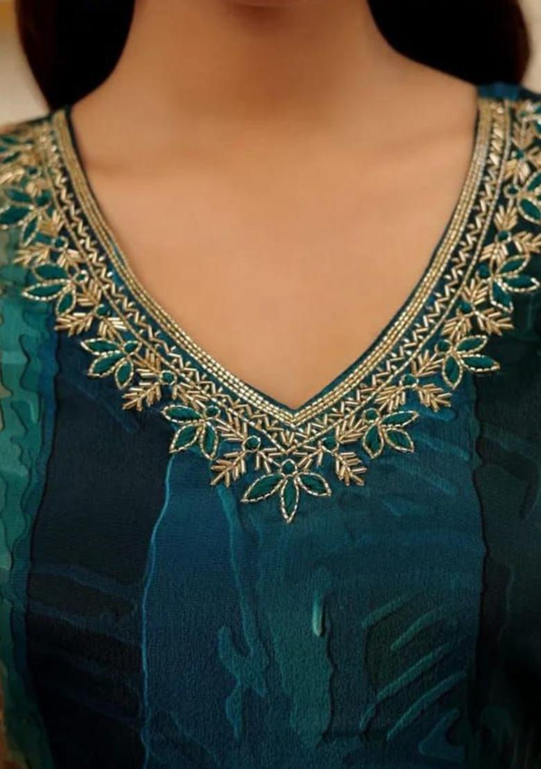 Blue Printed Viscose Kurta Set - Indya