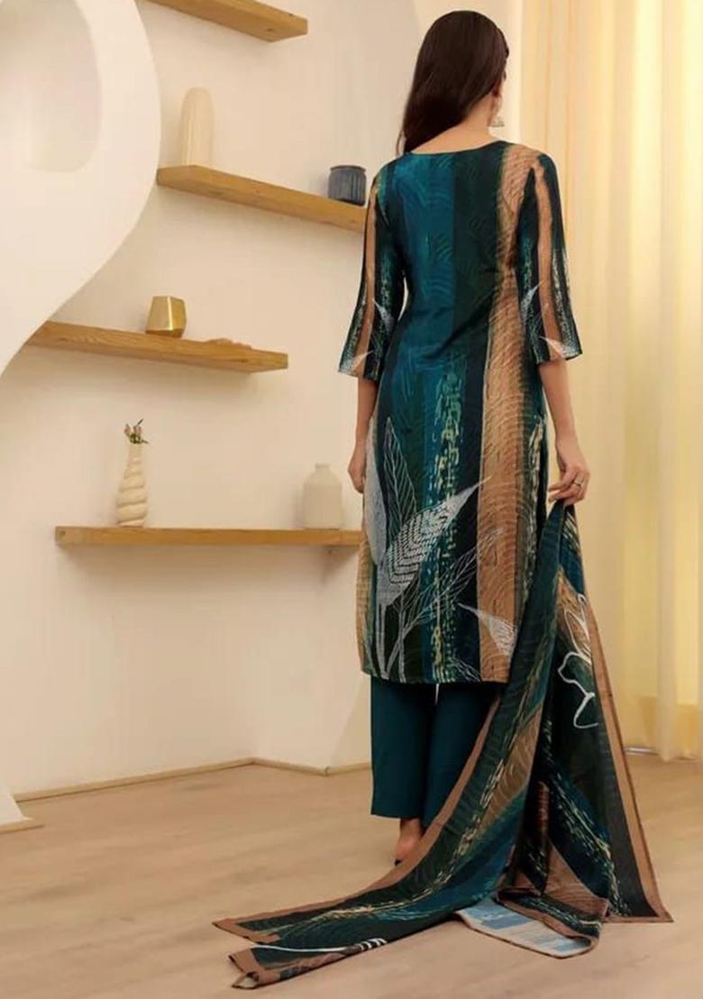 Blue Printed Viscose Kurta Set - Indya