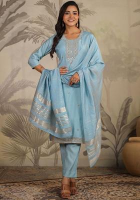 Blue Embroidered Silk Kurta Set