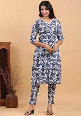 White Printed Cotton Kurta Set