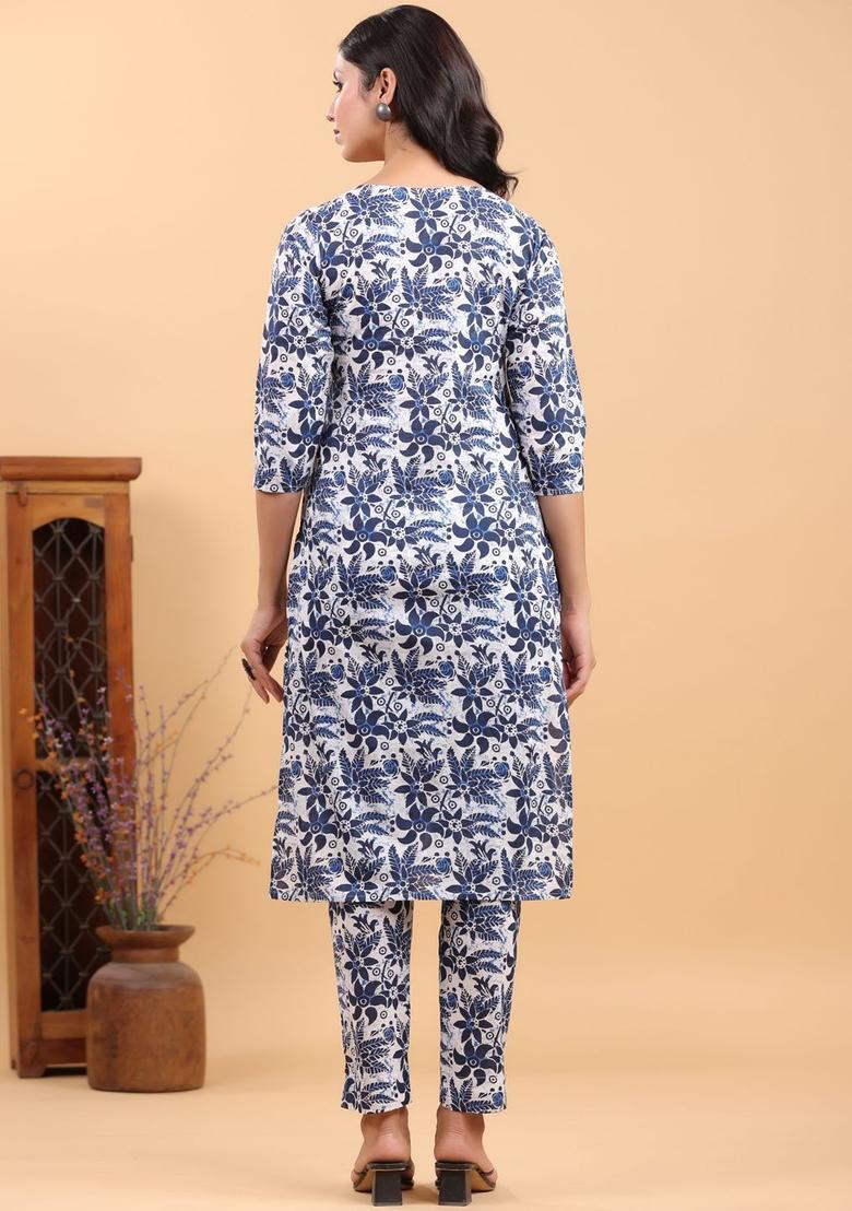 White Printed Cotton Kurta Set - Indya