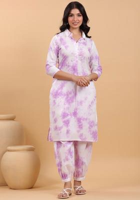 White Dyed Cotton Kurta Set