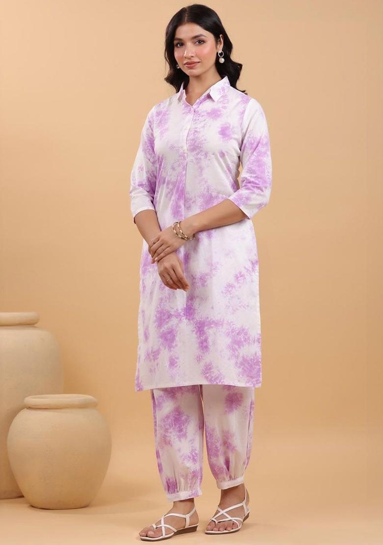 White Dyed Cotton Kurta Set - Indya