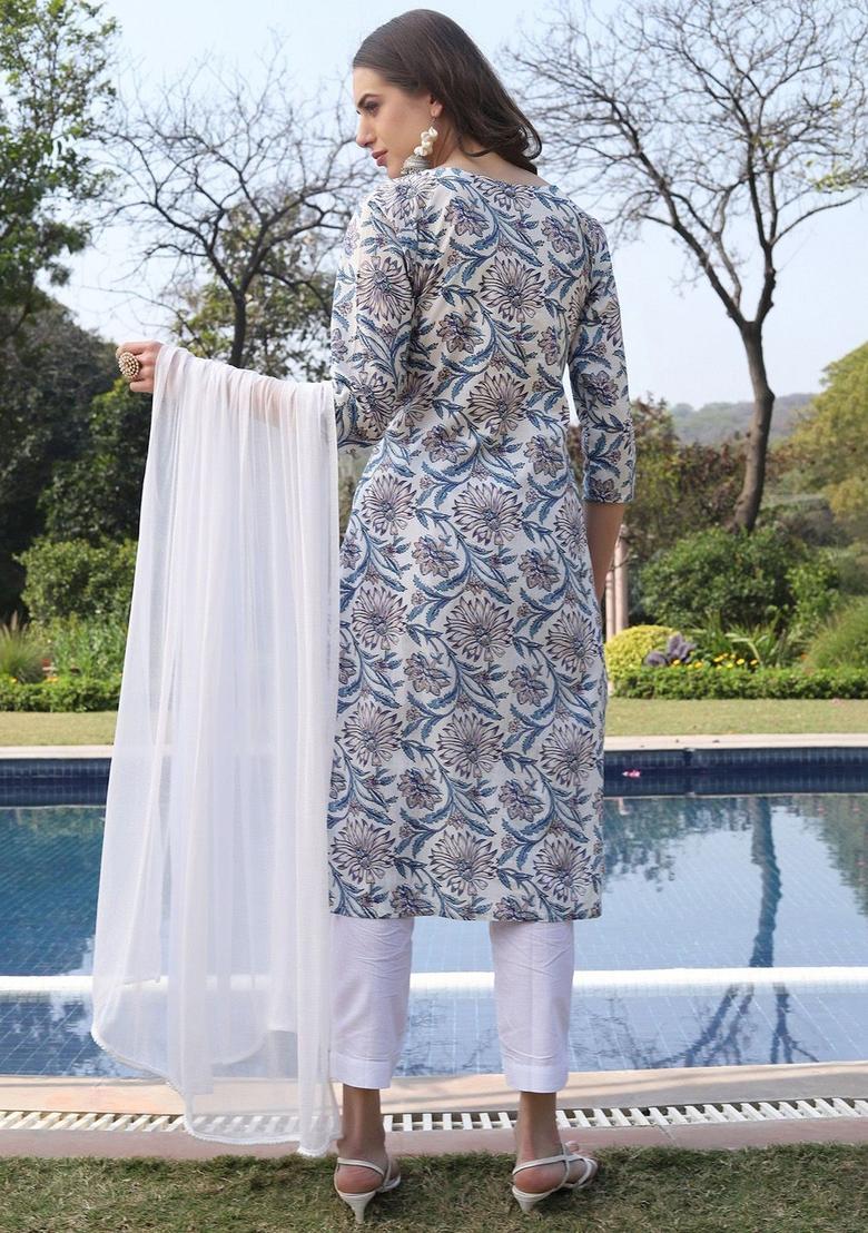 White Printed Cotton Kurta Set - Indya