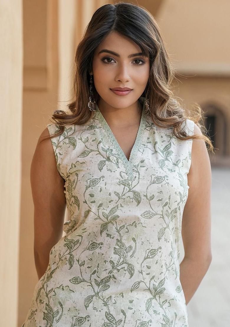 White Printed Cotton Kurta Set - Indya