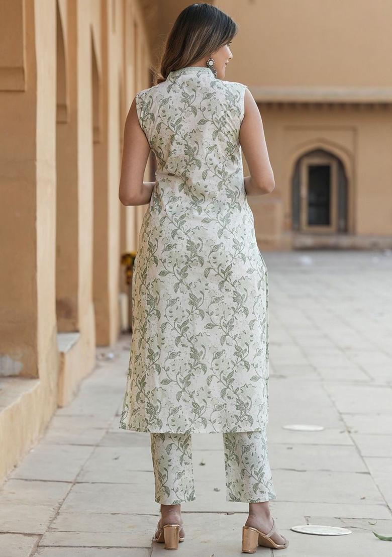 White Printed Cotton Kurta Set - Indya