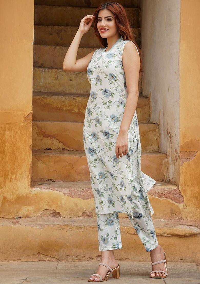 Grey Printed Cotton Kurta Set - Indya