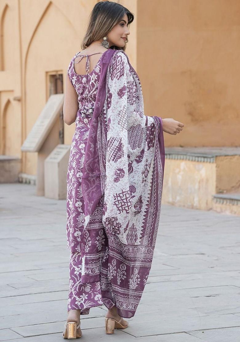 Purple Printed Cotton Kurta Set - Indya