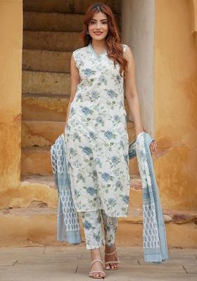 Grey Printed Cotton Kurta Set