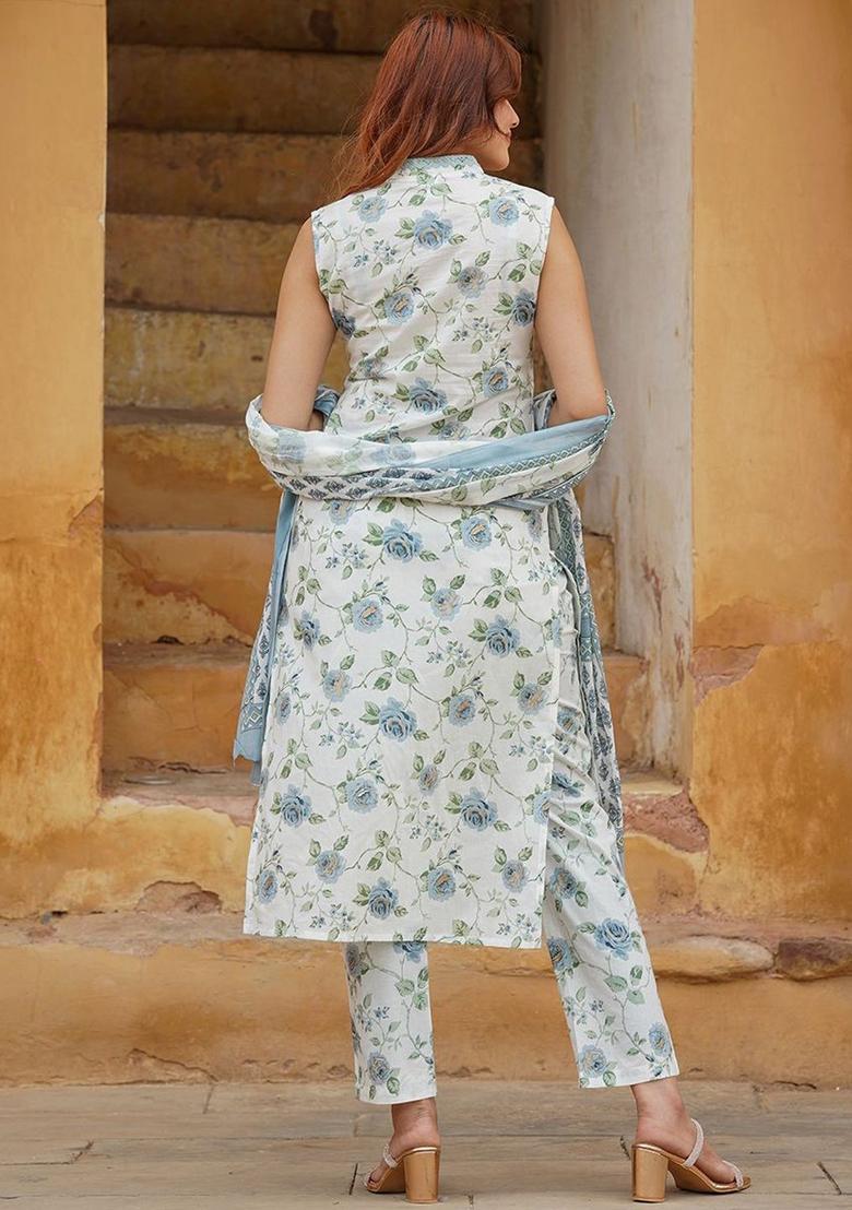 Grey Printed Cotton Kurta Set - Indya