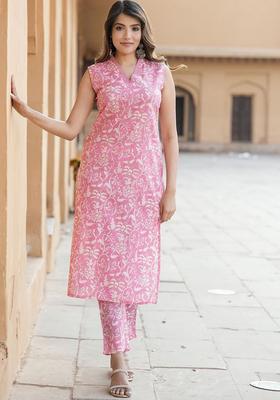 Pink Printed Cotton Kurta Set