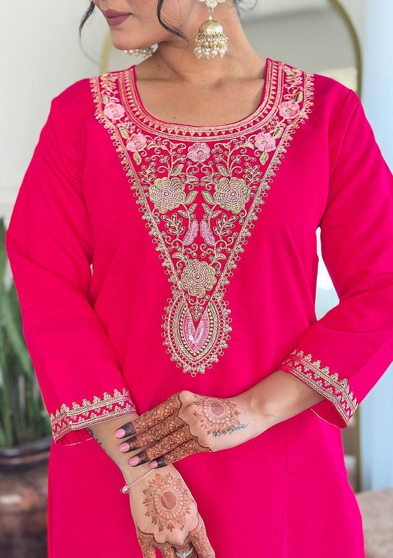 Pink Yoke Design Silk Kurta Set - Indya