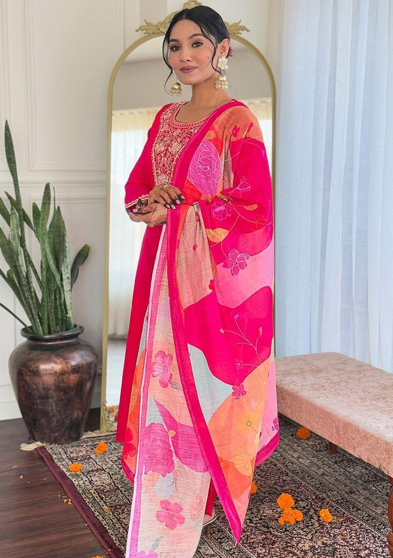 Pink Yoke Design Silk Kurta Set - Indya
