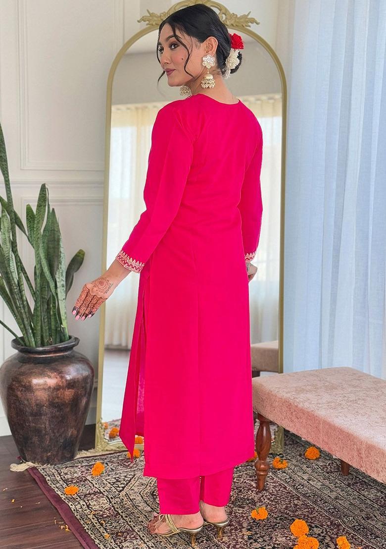 Pink Yoke Design Silk Kurta Set - Indya