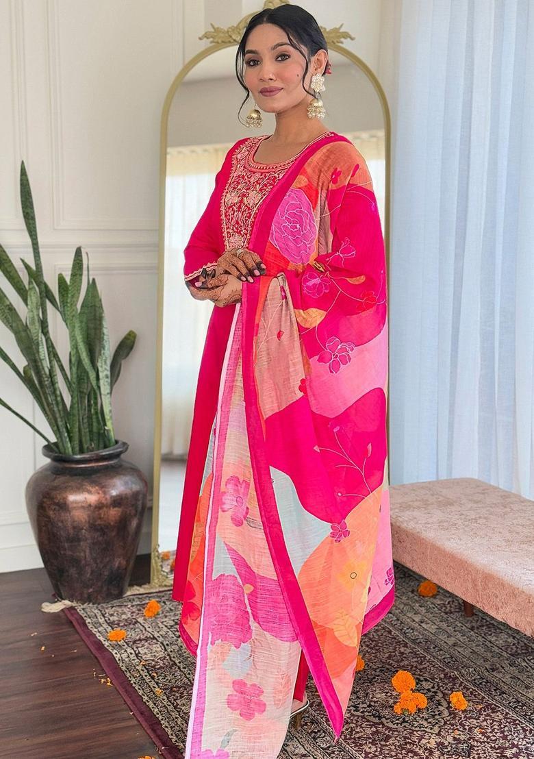 Pink Yoke Design Silk Kurta Set - Indya