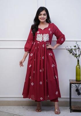 Maroon Embroidered Viscose Kurta Set