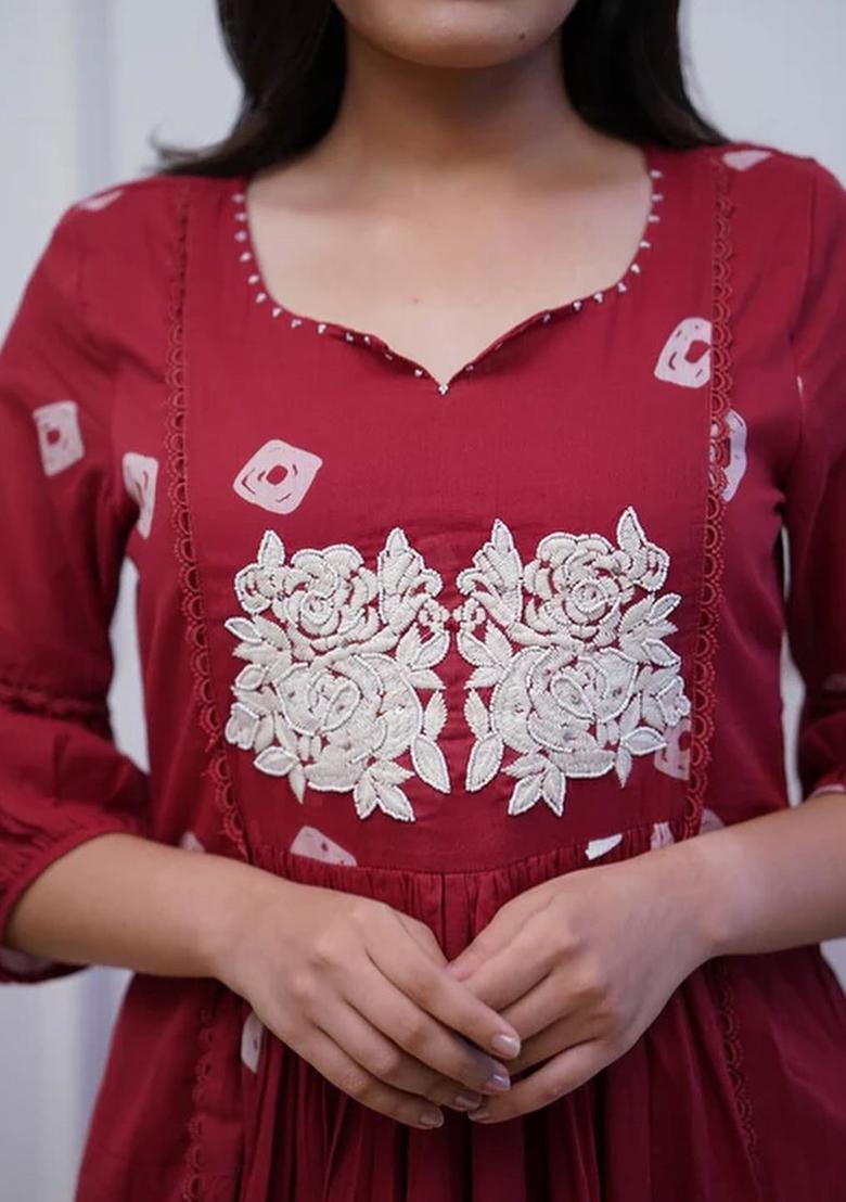 Maroon Embroidered Viscose Kurta Set - Indya