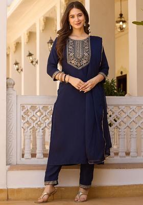 Blue Embroidered Viscose Kurta Set