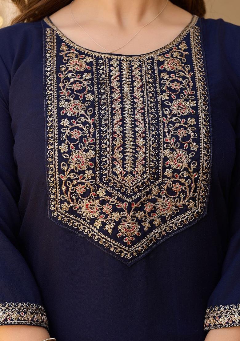 Blue Embroidered Viscose Kurta Set - Indya