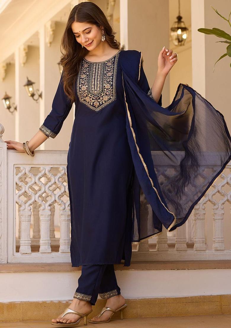 Blue Embroidered Viscose Kurta Set - Indya