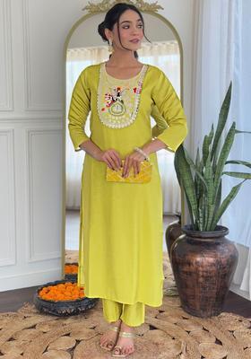 Lime Green Yoke Design Viscose Kurta Set