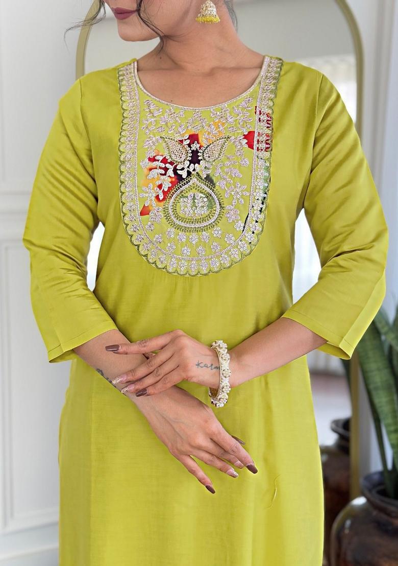 Lime Green Yoke Design Viscose Kurta Set - Indya