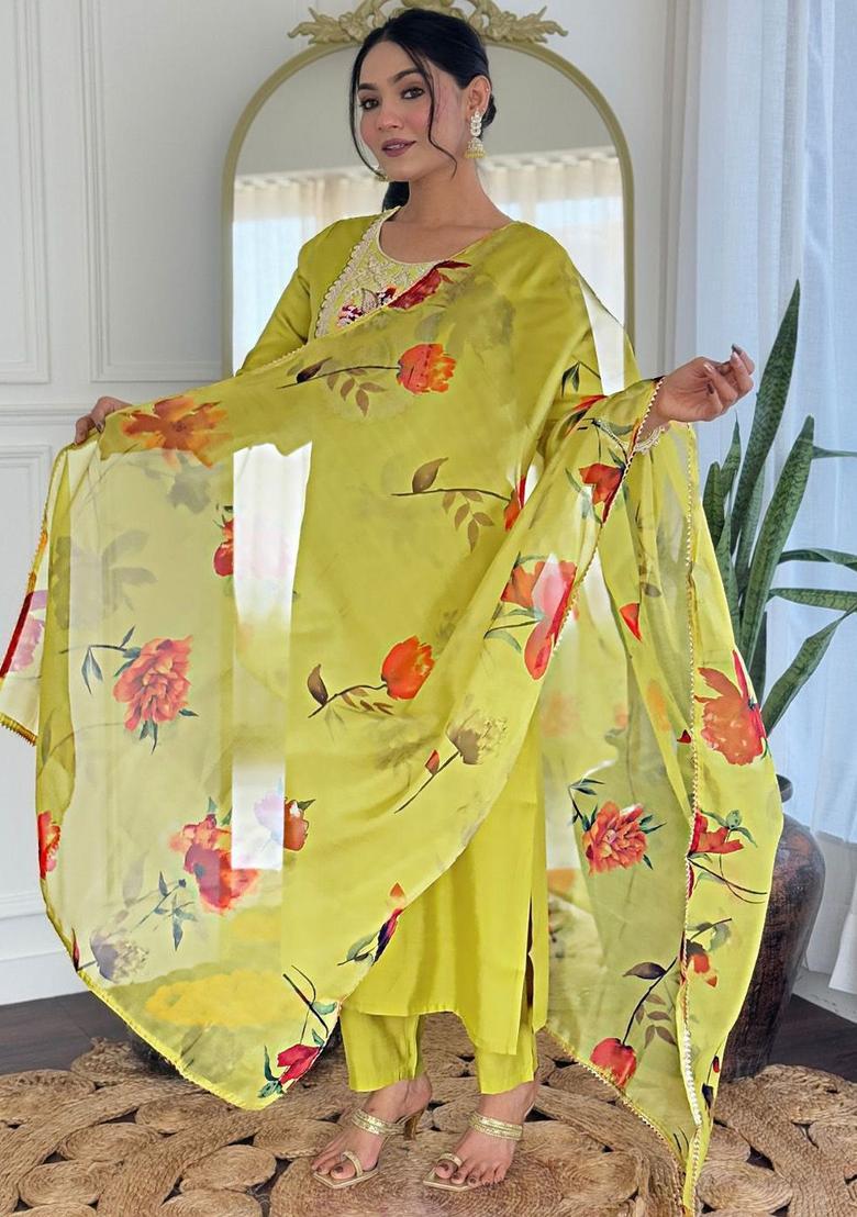 Lime Green Yoke Design Viscose Kurta Set - Indya