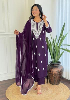 Purple Embroidered Cotton Kurta Set
