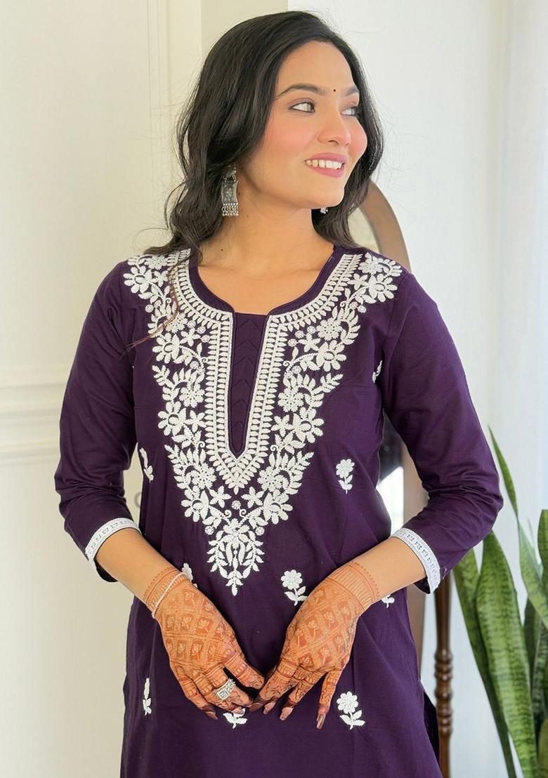 Purple Embroidered Cotton Kurta Set - Indya