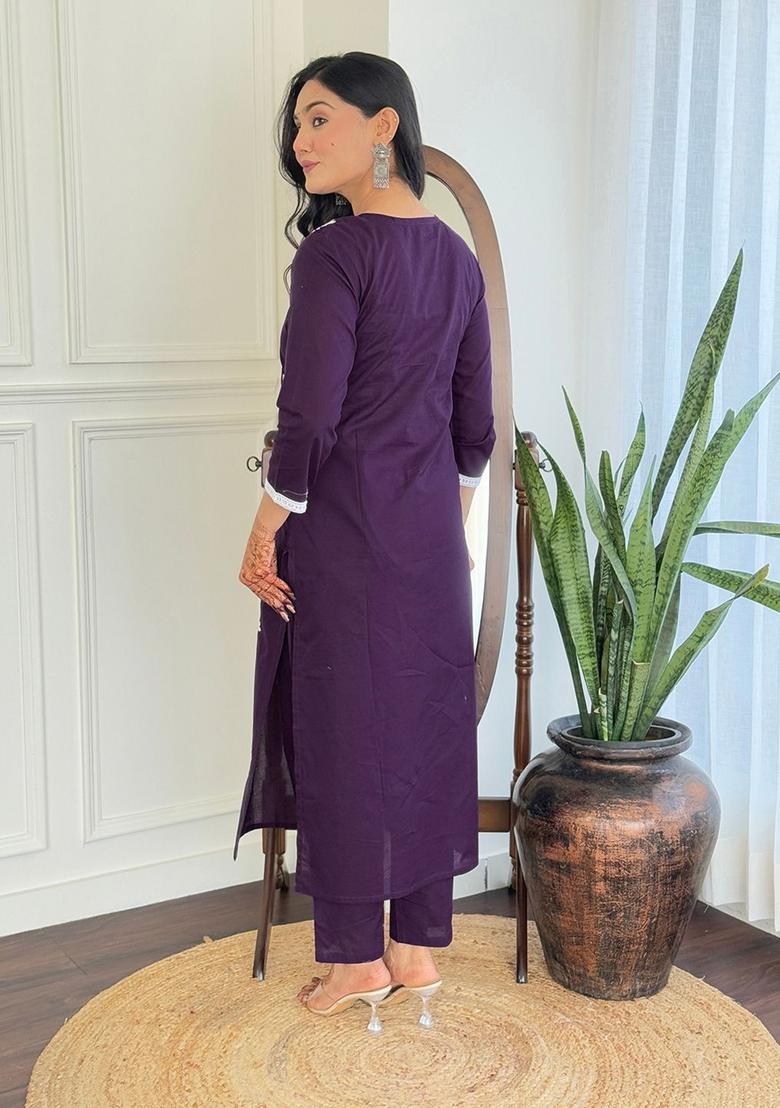 Purple Embroidered Cotton Kurta Set - Indya