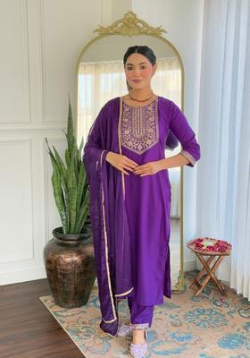 Purple Embroidered Viscose Kurta Set