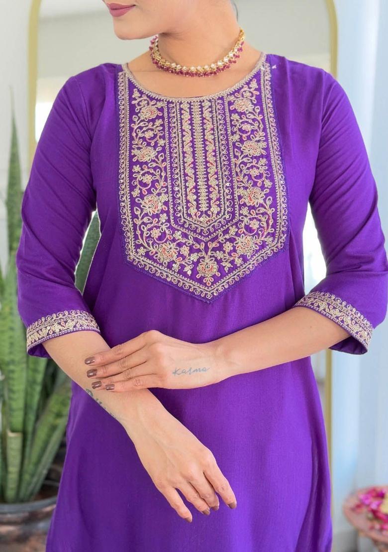 Purple Embroidered Viscose Kurta Set - Indya