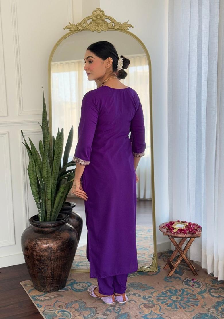 Purple Embroidered Viscose Kurta Set - Indya