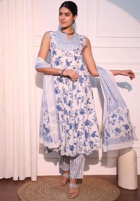 Blue Printed Cotton Kurta Set