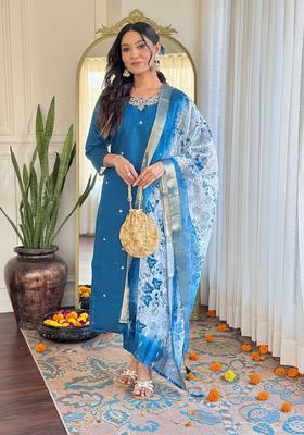 Teal Embroidered Viscose Kurta Set