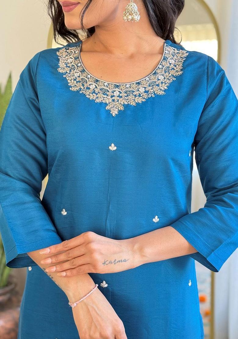 Teal Embroidered Viscose Kurta Set - Indya