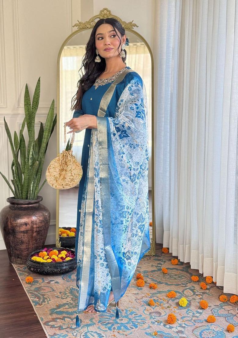 Teal Embroidered Viscose Kurta Set - Indya