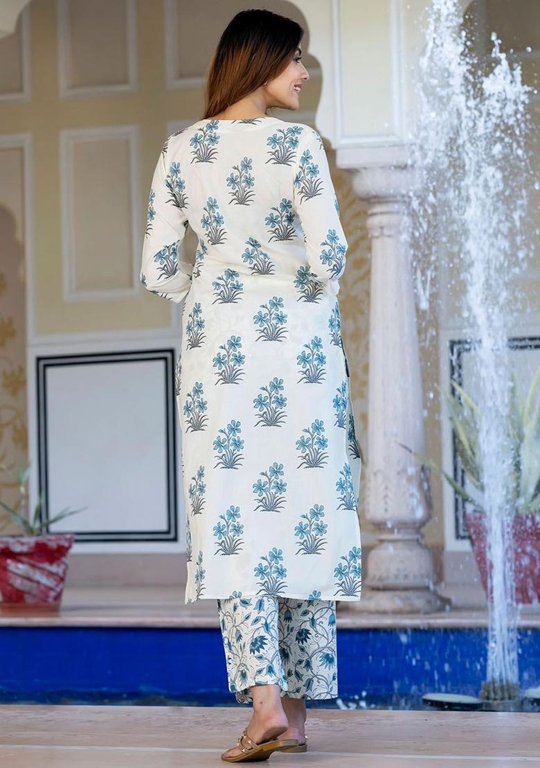 Off White Printed Cotton Kurta Set - Indya