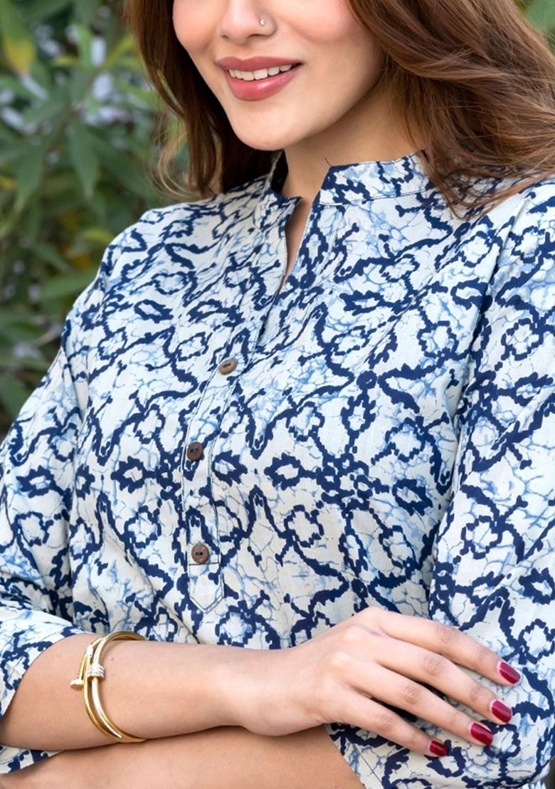 Blue Printed Cotton Kurta Set - Indya