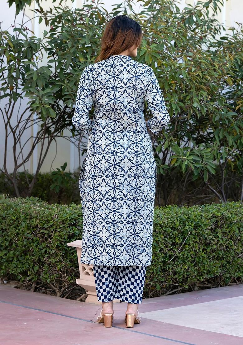Blue Printed Cotton Kurta Set - Indya