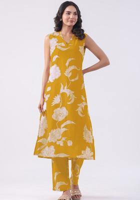 Yellow Printed Viscose Kurta Set