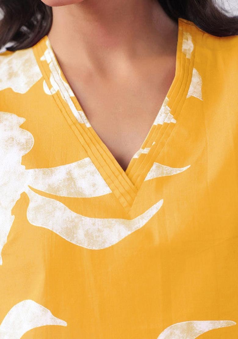 Yellow Printed Viscose Kurta Set - Indya