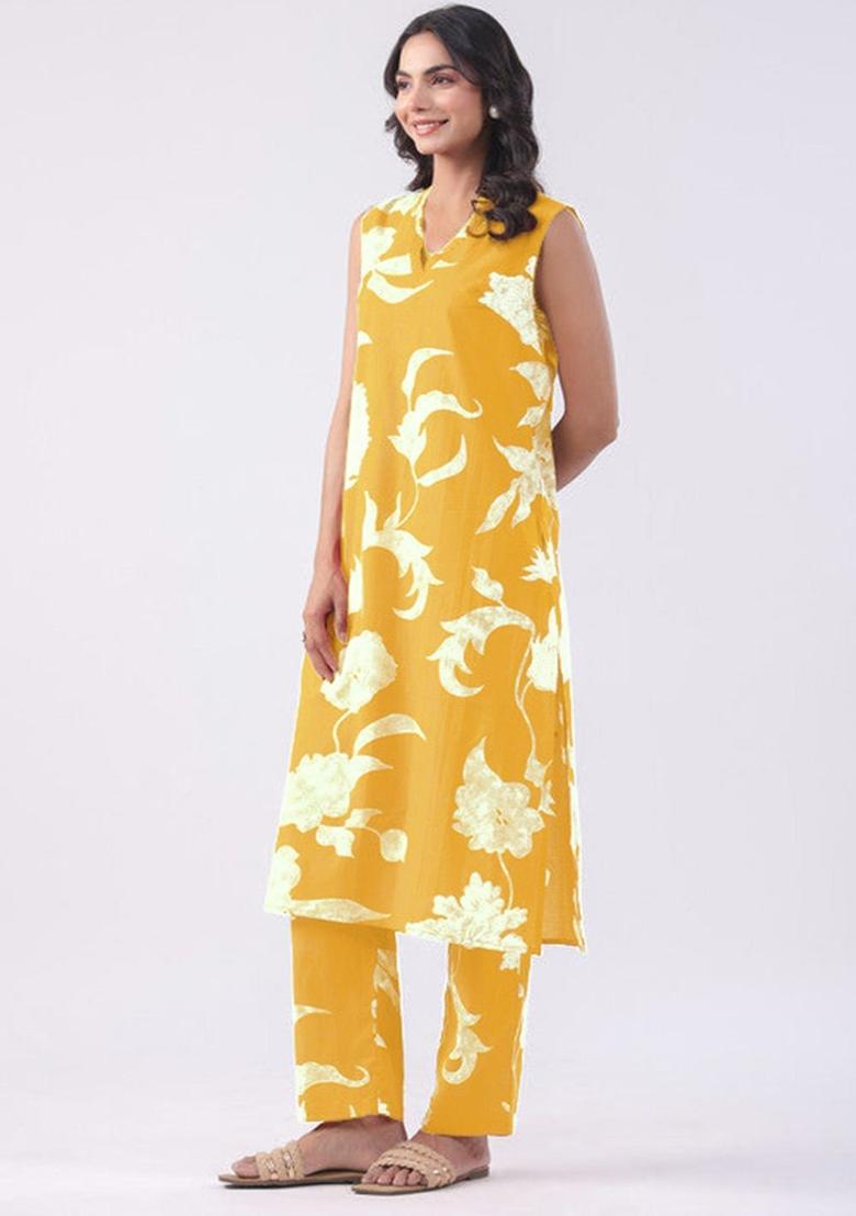Yellow Printed Viscose Kurta Set - Indya