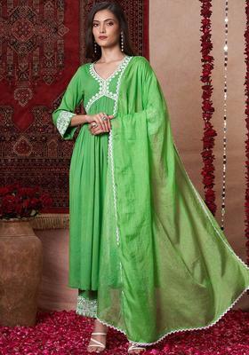 Green Embroidered Viscose Kurta Set