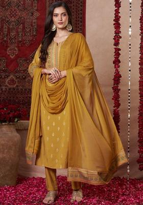 Mustard Printed Viscose Kurta Set
