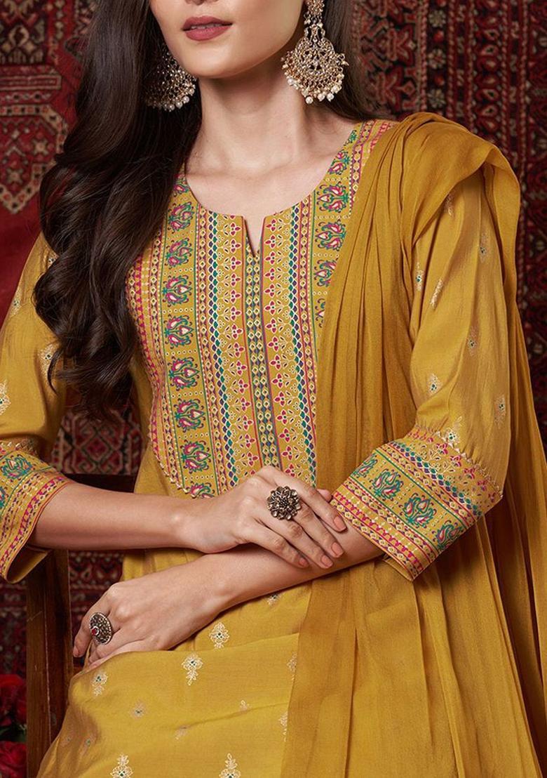 Mustard Printed Viscose Kurta Set - Indya
