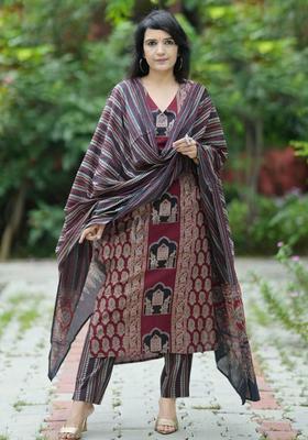 Maroon Printed Viscose Kurta Set